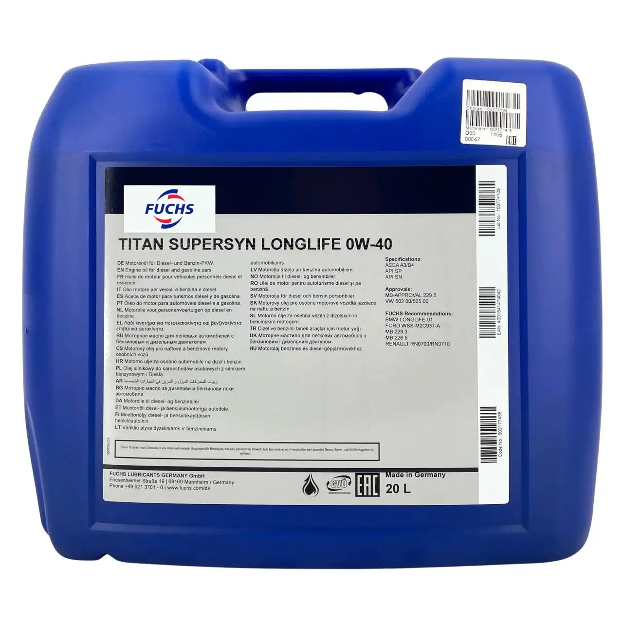 Fuchs Titan Supersyn Longlife 0W-40 20 Liter